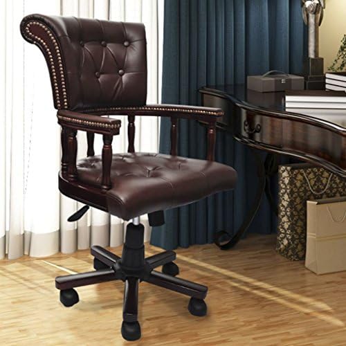 Brown Real Leather Office Chair Chesterfield Captains Swivel Adjustable Seating Heating Office Chair