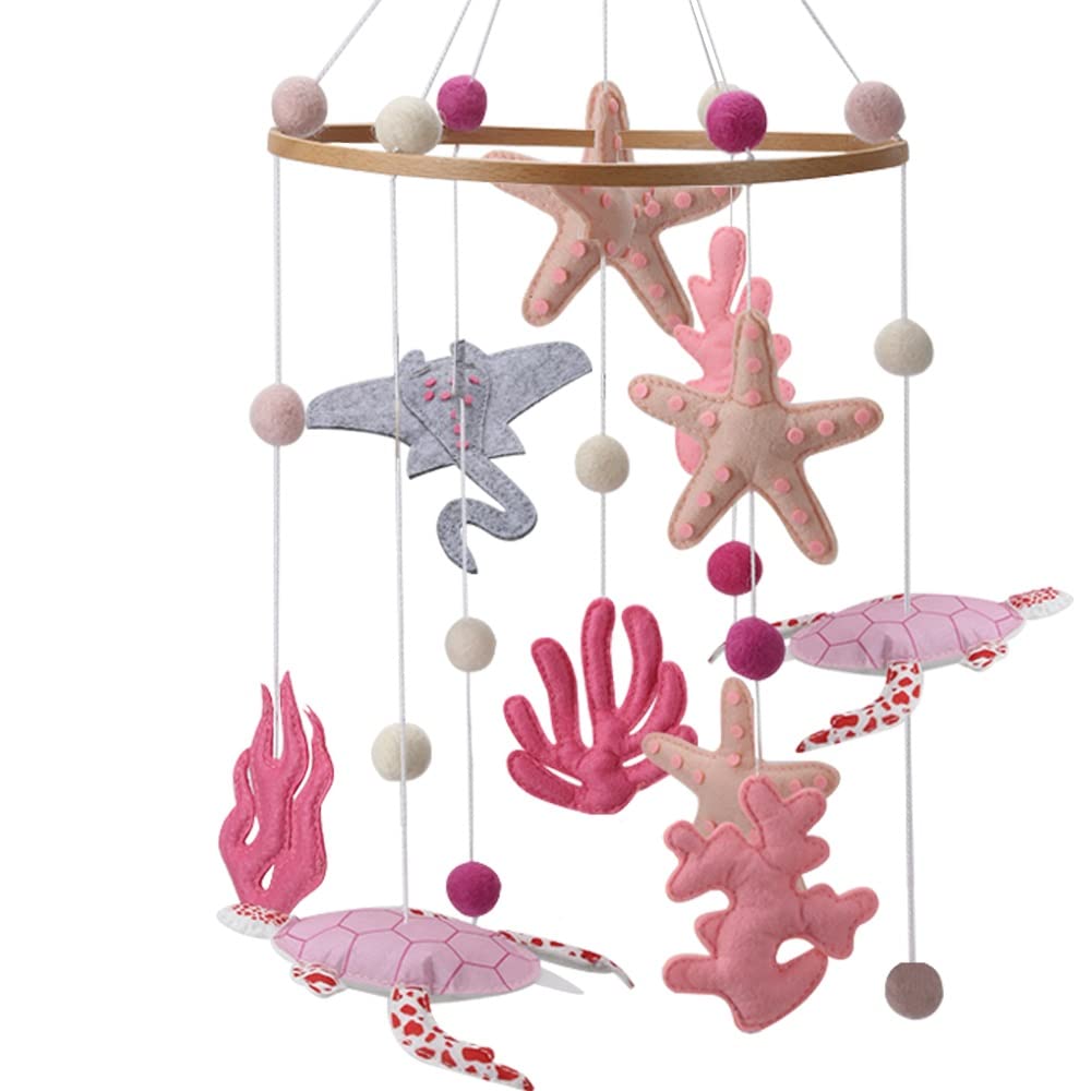 Pink Sea Creatures Felt Baby Crib Mobile - Ocean Hand Made Baby Mobile with Turtle & Sea Animals