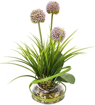 Mauve Thistle with Fresh Green Grass, Glass Vase with Succulent & Stones In Acrylic Water