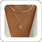 Andelaisi Boho Layered Snake Chain Necklace Choker Gold Disc Coin Pendant Necklace Vintage Flat Herringbone Chain Necklace Disc Coin Choker Necklace Jewelry for Women