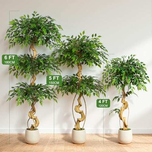 Keeplush Artificial Plant Ficus Tree 180 cm with White Planter,Large Artificial Plants with Curved Tree Trunk and 1860 Leaves, Artificial Tree for Indoor Decoration, Living Room, Bedroom