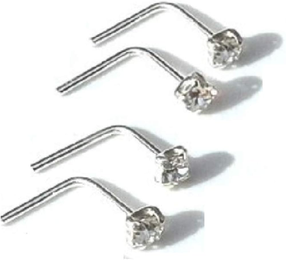 Other 4 X Sterling Silver 2mm Clear L Shape Nose Studs, 1.5mm (W) x 10mm (L) x 12mm (H)