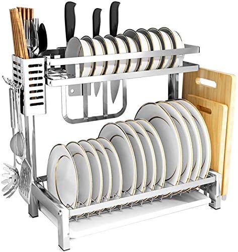 JANRON Housewares Two Tier Dish Drainer Rack with Glass Utensil Cutlery and Drip Tray Drainers Kitchen Supplies Storage Draining with Chopsticks/Knives/Cutting Board Holder Drainboard