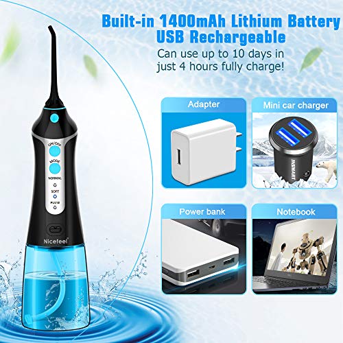 Cordless Water Flosser Oral Irrigator, Nicefeel 300ML 2 Tip Case Portable and Rechargeable Water Flossing for Travel, IPX7 Waterproof 3 Mode Teeth Cleaner with Tongue Cleaner, 4 Jet Tips for Home - Thumbnail 4