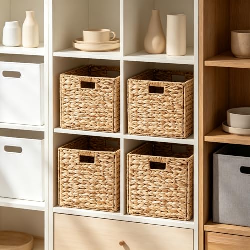 BSJIASHIWEI 2 Pack Water Hyacinth Storage Baskets, Decorative Handwoven Wicker Baskets with Handles, Foldable Organizer Baskets for Home Storage, 30cm x 30cm x 30cm