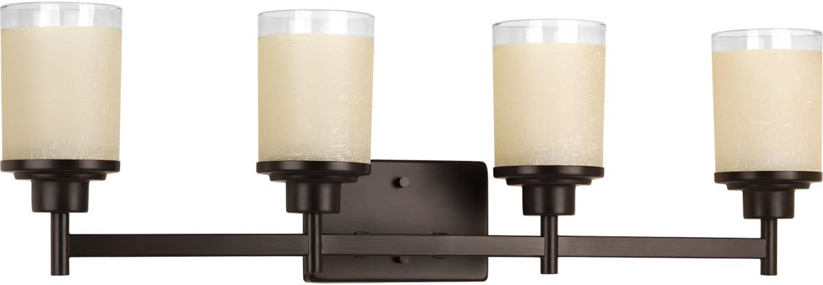 Progress LightingAlexa Collection 4-Light Etched Umber Linen with Clear Edge Glass Modern Bath Vanity Light Antique Bronze