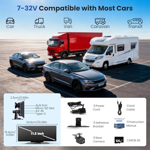11.5" Carplay Screen for Car, Car Tablet Pro Max 2026 Car Stereo with 4K Front and 1080P Rear Camera, Car Play Screen Wireless CarPlay Android Auto Mirror Link AUX FM Bluetooth 64G SD