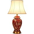 noarjaer Floral Table Lamp Red Flowers and Birds Ceramic Table Lamp Vintage Asian Chinese Style Ginger Jar with White Drum Shade Decor Bedside Nightstand for Living Room Bedroom House Home Office