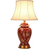 noarjaer Floral Table Lamp Red Flowers and Birds Ceramic Table Lamp Vintage Asian Chinese Style Ginger Jar with White Drum Sh