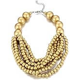 COLORFUL BLING Boho African Wooden Beaded Strands Necklace Ethnic Layered Chunky Collar Choker Wood Necklace for Women Hip Hop Statement Jewelry