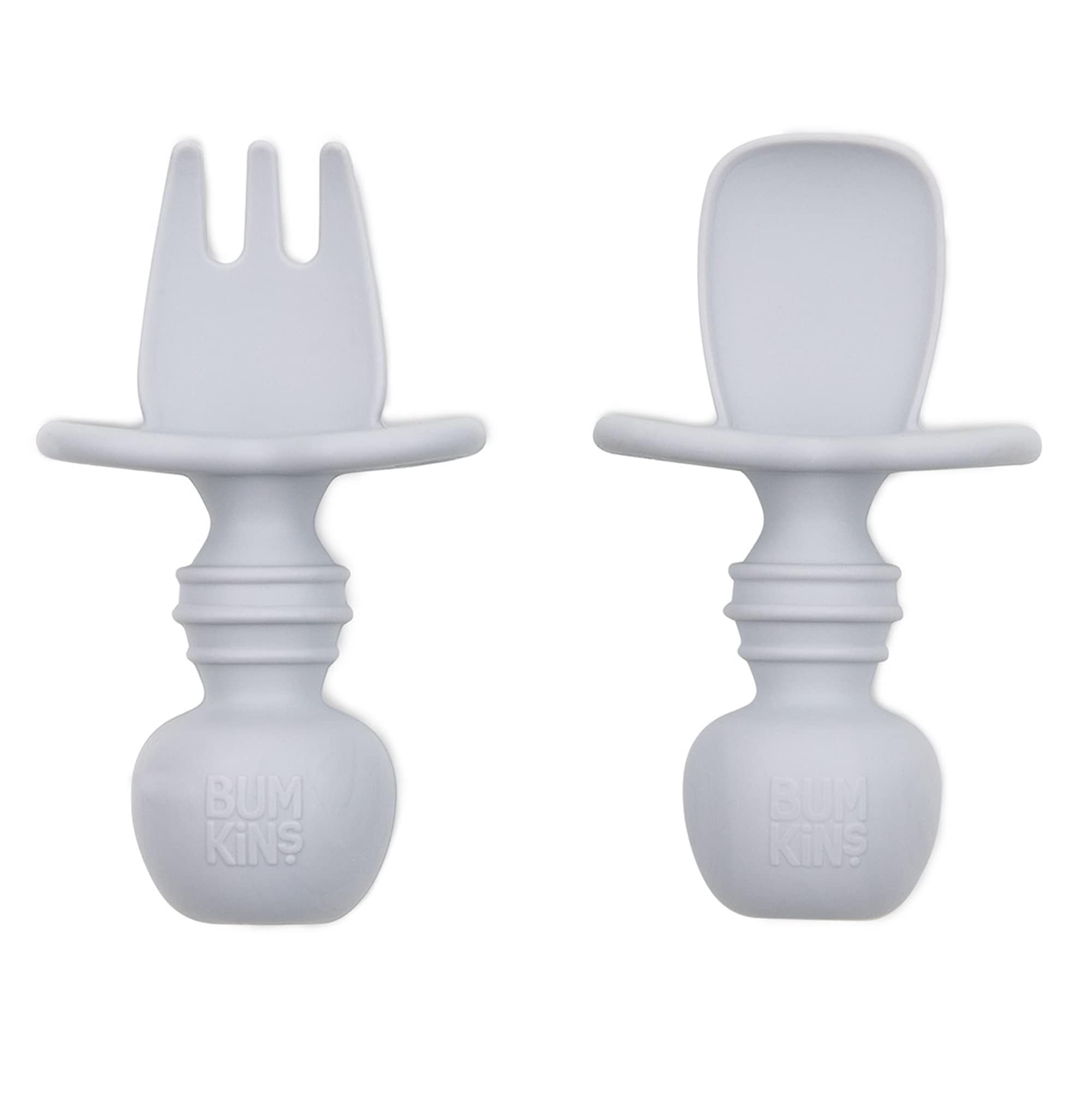 Photo 1 of Bumkins Baby Utensils Set, Chewtensils Silicone Spoons for Dipping, Self-Feeding, Baby Led Weaning, Trainer Learning, First Stage Eating, Soft Practice Fork and Spoon, Babies 6 Months, Gray