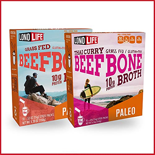 LonoLife Beef Bone Broth and Thai Curry Beef Bone Broth Combo Pack, 10g