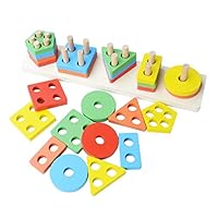 Revanak Wooden Educational Preschool Toddler Toys for 1 2 3 4 5 Year Old Girls Boys Kid Shape Color Sorter Recognition Toys Geometric Board Stacking Blocks Puzzle Children Baby Non-Toxic Toy (14Inch)