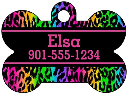 Animal Print Dog Tag Pet Id Tag Personalized w/ Name & Number Leopard Print Dog Bone (Rainbow Pink)