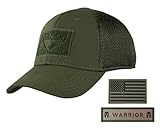 Active Duty Gear Condor Flex Mesh Cap (OD Green) + PVC Flag & Warrior Patch, Highly Breathable Fitted Tactical Operator Hat (S/M)