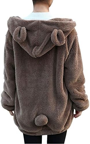 Women Lovely Bear Cartoon Plush Hoodie Long Sleeve Zip Up Sweatshirt Jacket Outwear Coat (One Size, Brown)