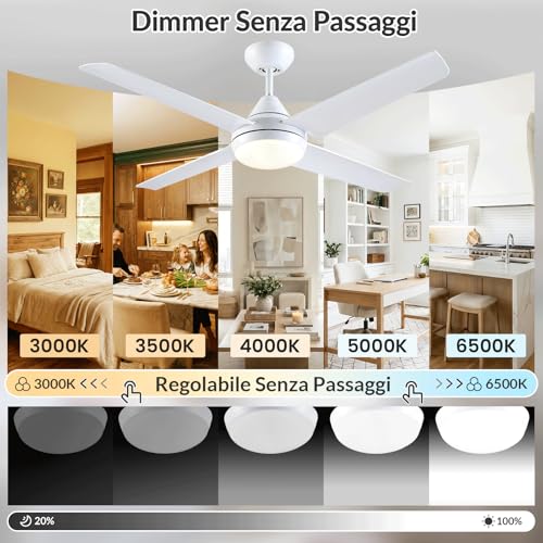 Newday 48" White Ceiling Fan with Light and Remote Control, Ceiling Fan with 4 Blade, Step-less Dimmer, 7 Speed Mode, Timer, Reversible Silent DC Motor for Living Room