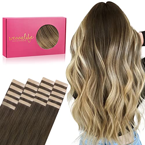 WENNALIFE 20pcs 40 cm 50 g Double Sided Real Hair Extensions Shading from Brown Walnut to Ash Brown and White Blonde Double Sided Adhesive Real Hair Extensions Silky Straight Remy Tape in Hair Extension
