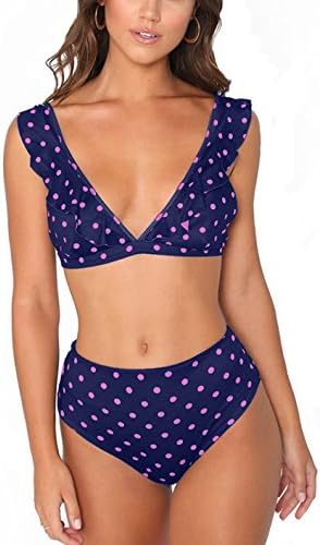 Fashion Deep V-Neck Ruffle Lace Point Dot Trim Bikini Bathing Suits Backless High Cut Hipster 2PCS Swimwear for Womens