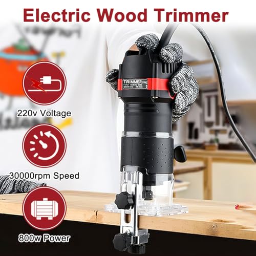 Wood Router 800W Compact Electric Trimmer Laminate 30000r/min, Wood Router with 15pcs Milling Cutter Edge Guides 1/4" 6.35mm Hand Palm Woodwork Machine Joiner Tool for DIY Slotting Trimming Handicraft