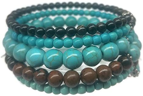 Gemstone Wrapping Memory Wire Bracelet Turquoise and Brown