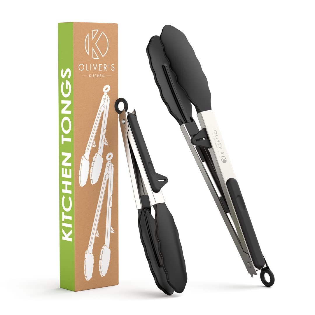 Oliver's Kitchen - Cooking Tongs - 2 x Food Safe Silicone Kitchen Tongs - Locking Clip for Easy Storage - Great for Air Fryer & Serving - Easy to Use & Grip BBQ Tongs - Stylish Stainless Steel Design