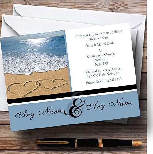 Pack of Ten Wedding Invitations - 10 x Love Heart Sand Beach Sea Personalised Wedding Invites