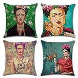 Joyi 4 Pack Frida Kahlo Self-portrait Cotton Linen Throw Pillow Case Car Cushion Cover 18