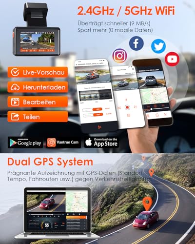 VANTRUE E2 2.7K+2.7K Car Dashcam Front and Rear 5GHz WiFi GPS Dual 1944P Wireless and Voice Control, Parking Mode Pre-Recording, WDR Night Vision 2.45 Inch 160° Max 512G