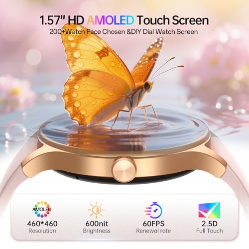 Woneligo Smart Watch for Women,1.57inch AMOLED Touchscreen Fitness Watch for iPhone & Android,Heart Rate/Sp02/Sleep Monitor,110+ Sport Modes IP68 Waterproof Bluetooth Calls,2 Bands (Pink, 1.57)