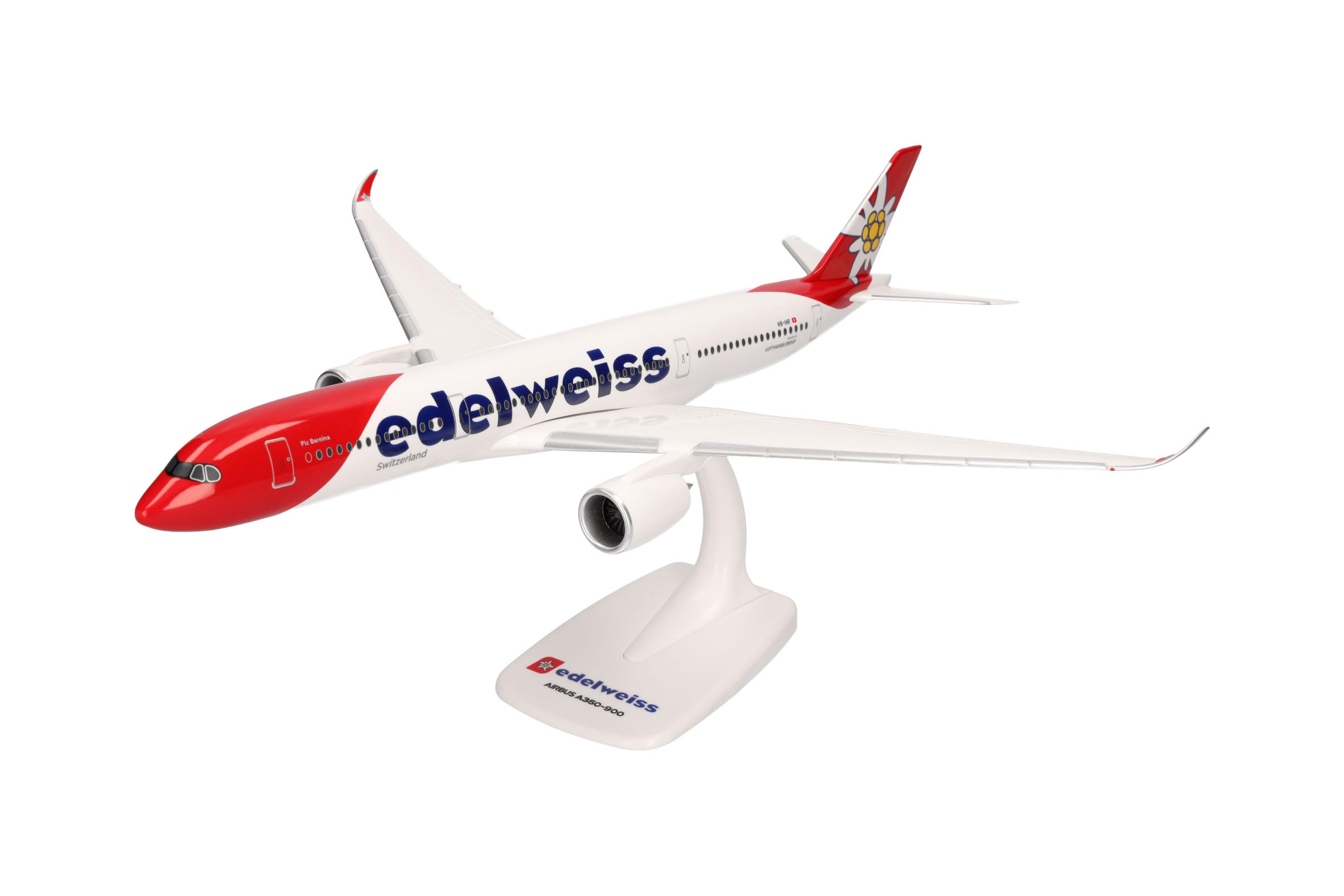 Herpa Snap-Fit airplane model Edelweiss Air Airbus A350-900 - HB-IHF "Piz Bernina" on scale of 1:200, plastic miniature with pedastal, model building, collectors edition
