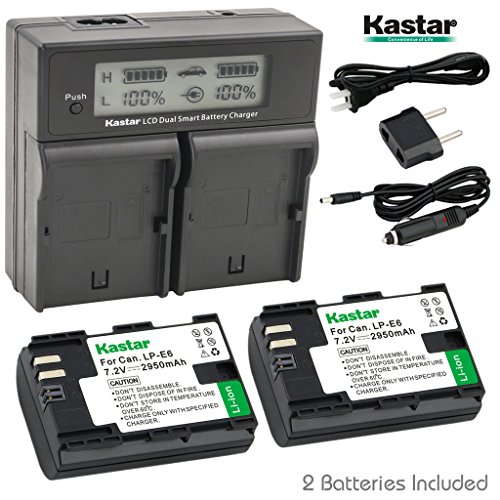 Kastar LCD Dual Smart Fast Charger & 2 x Battery for Canon LP-E6 LPE6 and Canon 70D, 5D Mark II and III, 80D, 7D Mark II, 60D, 6D, 7D DSLR Cameras BG-E14, BG-E13, BG-E11, BG-E9, BG-E7, BG-E6 Grips