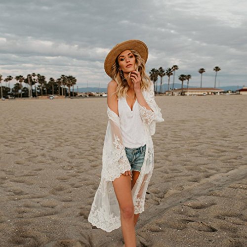 YJYDADA Women Lace Bohemian Beach Long Oversized Kimono Coat (White)