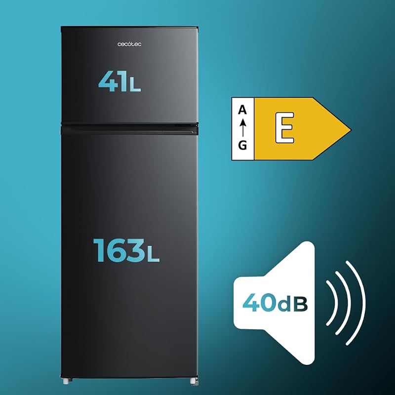 Réfrigérateur Combiné Bolero CoolMarket 2D 204 Black E, 204L, 143 cm de Hauteur, 55 cm de Largeur, Classe E, Silencieux, Éclairage LED, Compresseur Inverter Plus, Technologie Cyclique, Noir