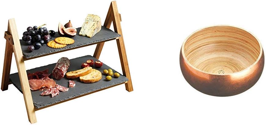 Artesa 2-Tier Wooden Cake/Antipasti Stand with Slate Serving Platters, 40 x 30 x 25 cm & Small Wooden Snack Bowl/Serving Dish, Copper Finish, 17 cm