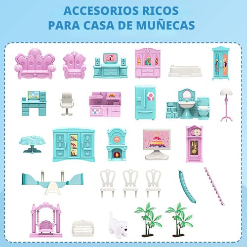 deAO Dollhouse Villa for Girls, 3-Story Dream Dollhouse with Furniture and Slides, Stairs, Fences, Dog Doll, Princess Castle Playset, Gift for 6+ Year Old Girls (Blue)