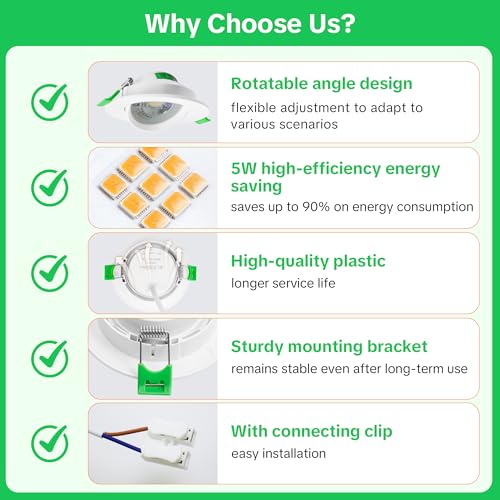 Aulaiyi LED Recessed Spotlight 230 V 68-80 mm Hole Size 5 W IP44 LED Spot Ultra Flat Ceiling Spotlights 45° Swivelling Recessed Lights 2700 K / 4000 K / 6000 K Spotlights Ceiling Light for Bathroom