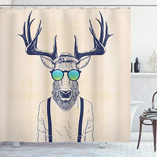 Ambesonne Antlers Shower Curtain, Illustration of Deer Dressed up Like Cool Hipster Fashion Creative Fun Animal, Cloth Fabric Bathroom Decor Set with Hooks, 75" Long, Beige Black