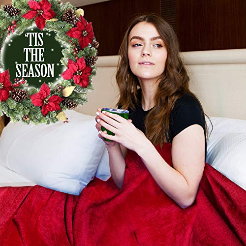 Christmas Blanket Gift Box- Includes Luxury Red Blanket, Insulated Mug, Hot Chocolate, Candy & Marshmallows Presents Arrive in Beautiful Gift Box with Holiday Ribbon