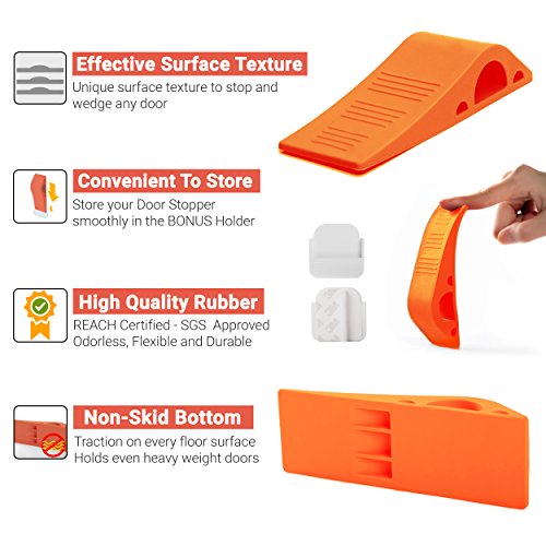 Wundermax Decorative Door Stopper With Free Bonus Holders, Door Stop Works on All Floor Surfaces, Premium Rubber Door Stops, The Original (3, Orange) - Thumbnail 2