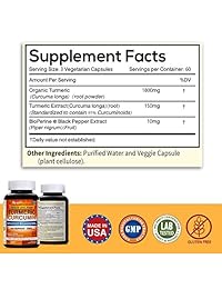 Curcumina Turmerica Orgánica con BioPerina y 95% Curcuminoides, 1960mg, 180 Veggie Cápsulas