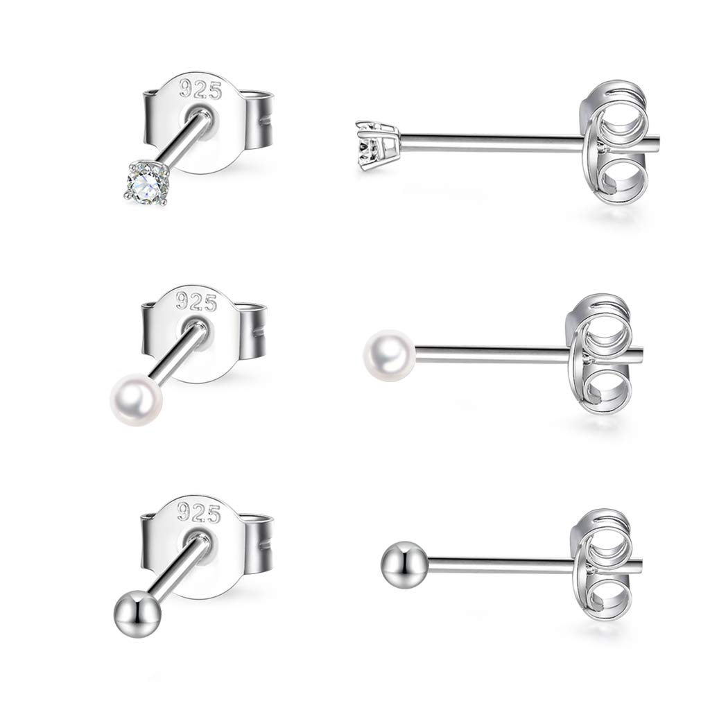 CERSLIMO 3 Pairs Sterling Silver Stud Earrings for Women Men Girls 2mm Tiny Round Cubic Zirconia Pearl Ball Set Cartilage Small Tragus Earrings for Sensitive Ears
