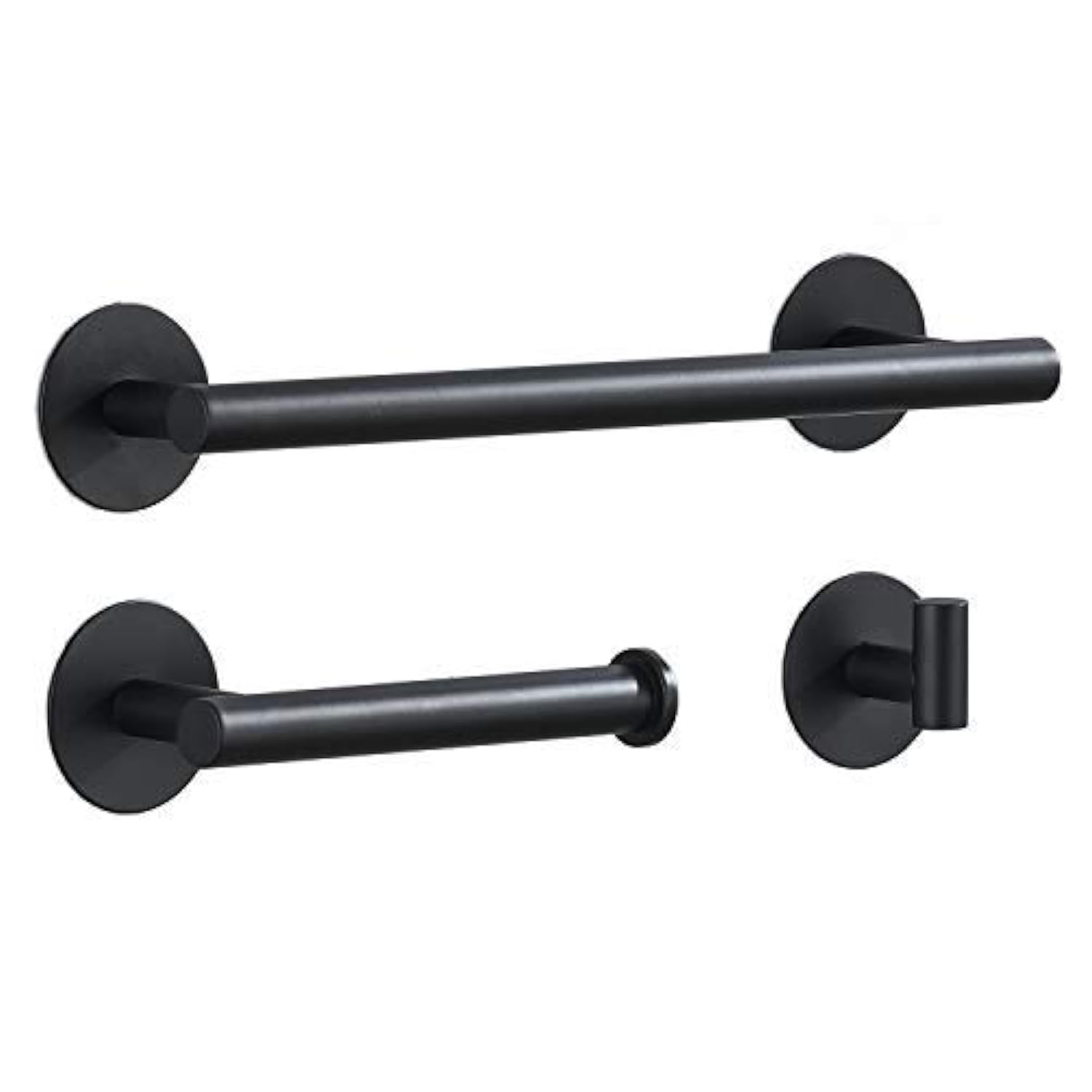 Matte Black Adhesive Bathroom Accessories Set, No Drilling 12" Towel Rail Toilet Roll Paper Holder Robe Hook, 3-Piece Set