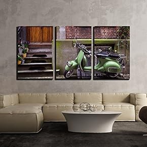 3 Piece Canvas Wall Art - Green Vintage Scooter Parked in Street - Modern Home Art Stretched and Framed Ready to Hang - 16"x24"x3 Panels