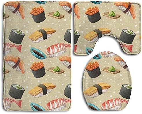 Nori Sushi Prints 3 Piece Non-Slip Bathroom Rugs Set Living Room Anti-skid Pads Bath Mat + Contour + Toilet Lid Cover