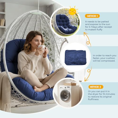 joomie Egg Swing Chair Cushion Replacement Waterproof 120x84x18 cm Thicken Outdoor Patio Hanging Basket Chair Cushions Removable Pad with Ties for Garden Cocoon Egg Hammock Chair, Blue 26