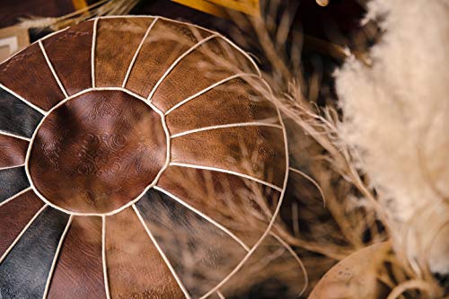 RISEON Boho Handmade Faux PU Leather Moroccan Pouf Footstool Ottoman Leather Poufs Unstuffed 23" x 11" -Round Floor Cushion Footstool for Living Room, Bedroom and Under Desk (Brown) - Thumbnail 6