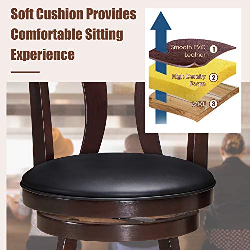 COSTWAY Bar Stools Set of 2, 360Degree Swivel Stools with Leather Padded Seat, Single Slat Back