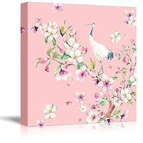 Square Canvas Wall Art - Pink Watercolor Style Painting a Crane Standing on Top a Blooming Tree Branch - Giclee Print Gallery Wrap Modern Home Art Ready to Hang - 12x12 inches