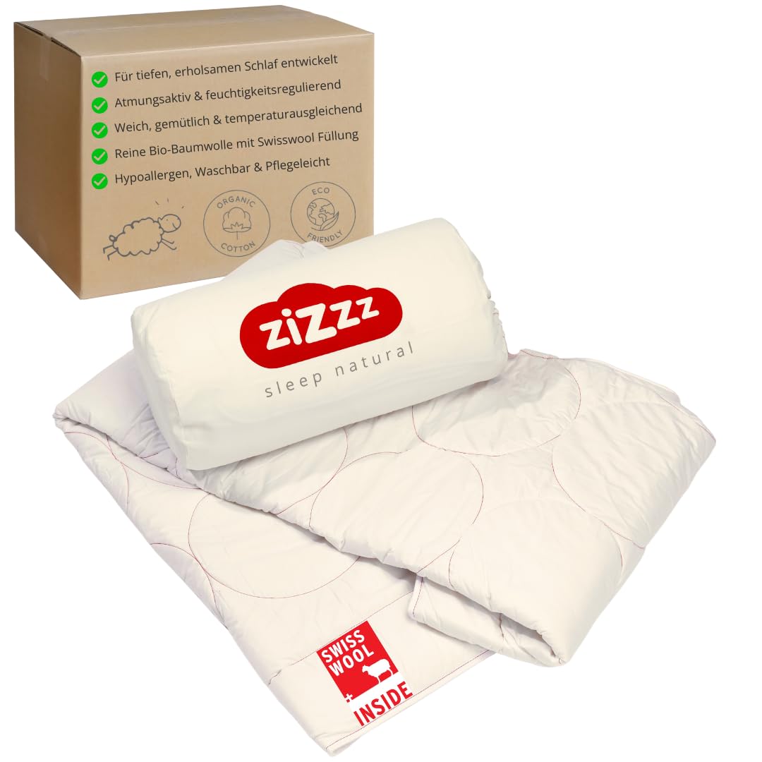 zizzz 4 Seasons Wool Duvet 100x135 cm - Breathable & Very Soft - Organic Cotton with Swisswool Filling (290g/m2) - Year-Round use